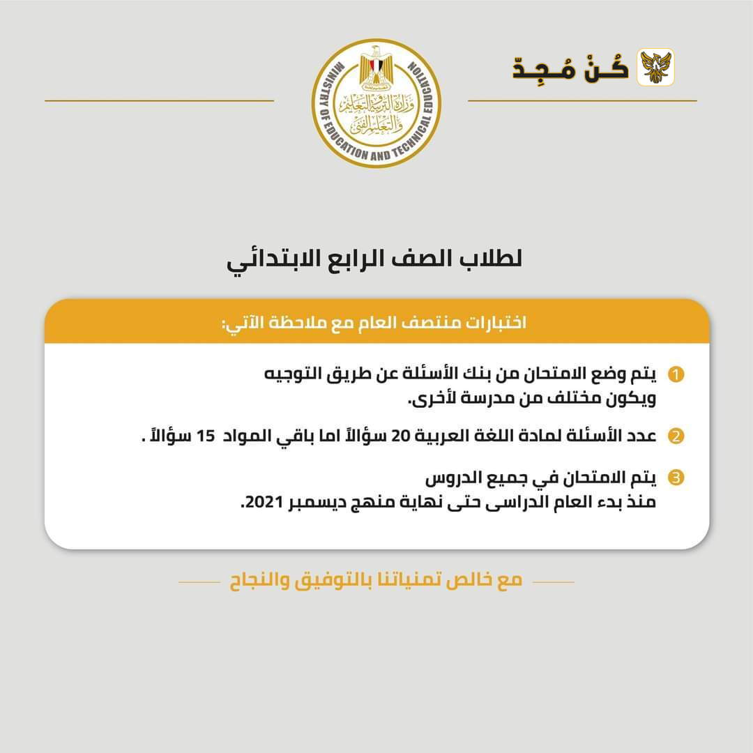 موعد امتحانات الصف الرابع الابتدائي الترم الأول 2021