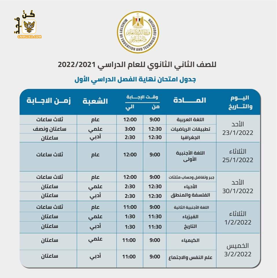  جدول امتحانات الصف الثاني الثانوي 2022 الترم الاول
