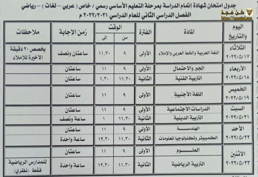 جدول الصف الثالث الإعدادي الترم الثاني 2022 محافظة بنى سويف