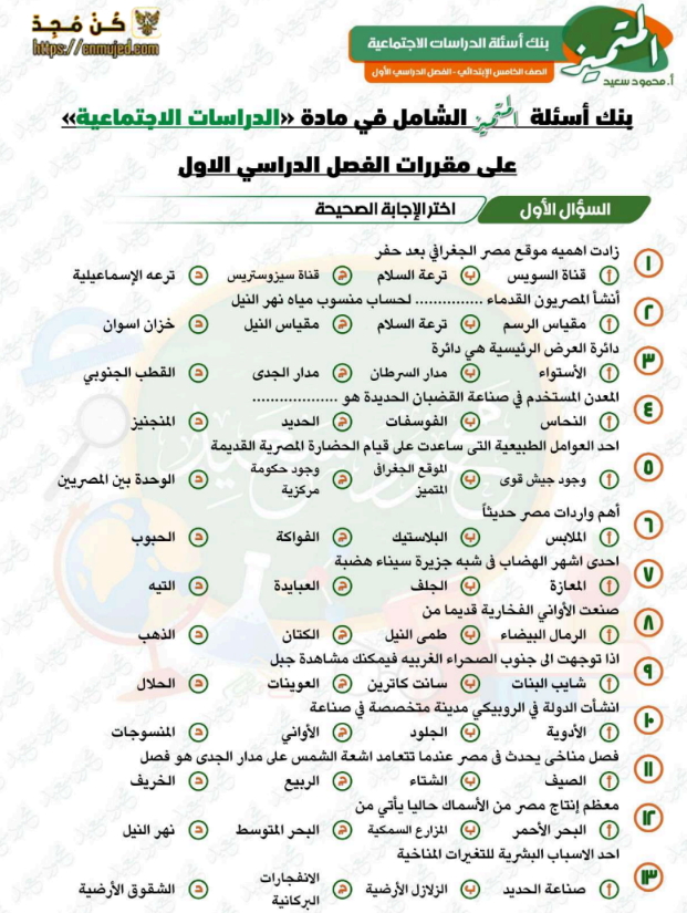 مراجعة نهائية الدراسات للصف الخامس ترم اول